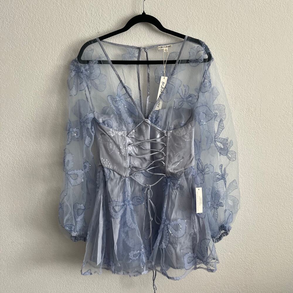 For Love and Lemons Lace Up Embroidered Sequin Bows Presley Mini Dress NWT
